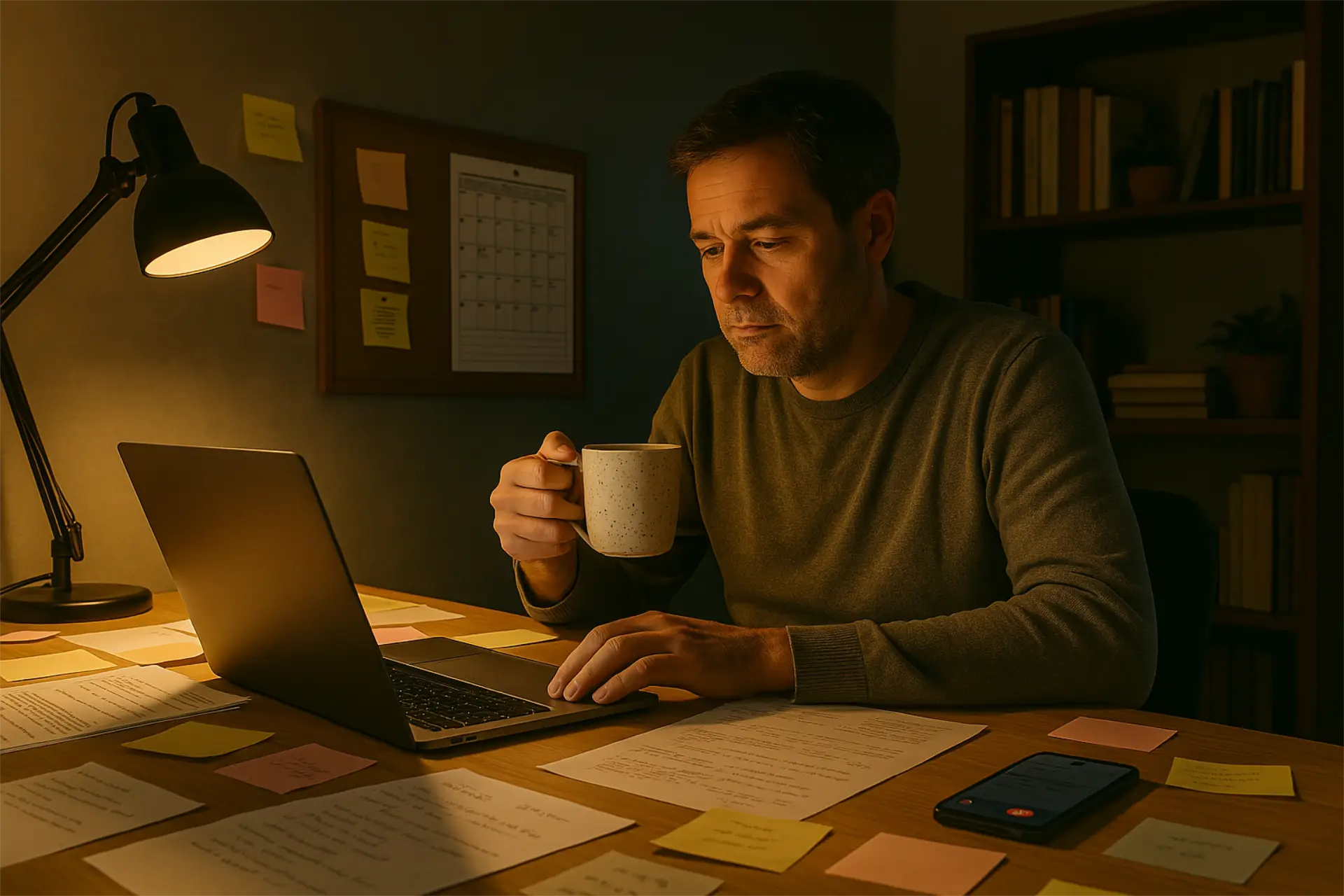 Tired entrepreneur working late at night in a home office, symbolizing the full-time commitment of running your own business.