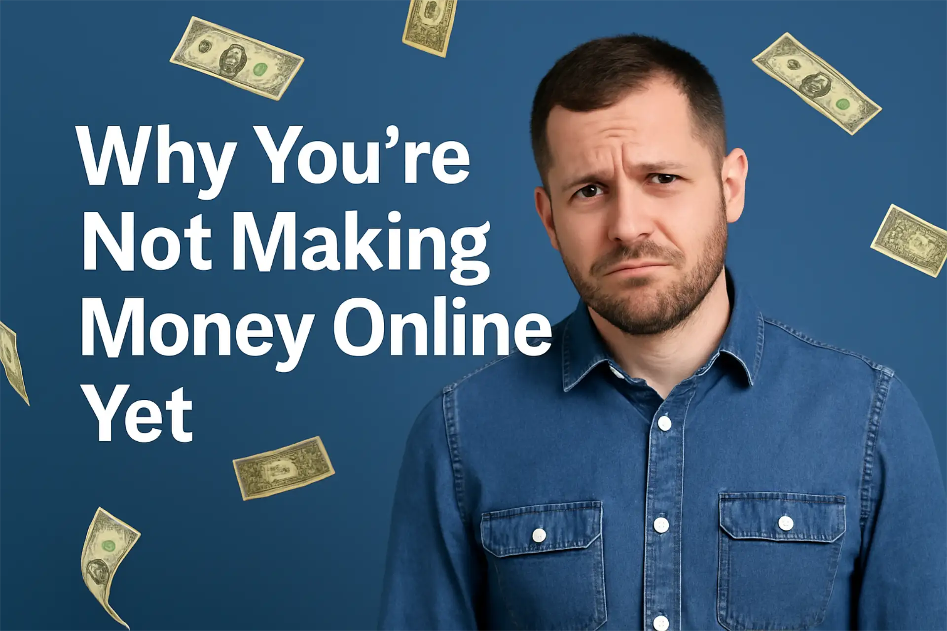 Frustrated Caucasian man sitting at a desk with floating dollar bills around him, symbolizing the struggle to make money online.