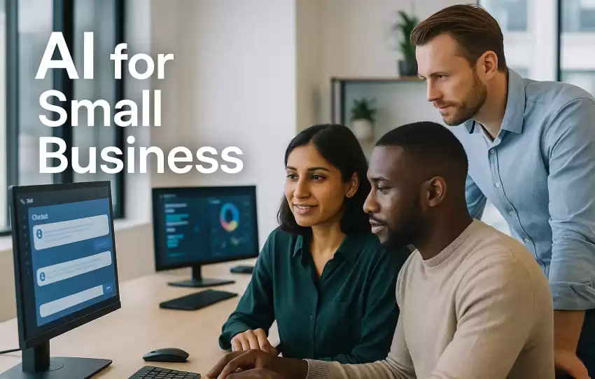 A modern office scene showing a diverse group of professionals collaborating with AI tools on their computers, symbolizing how businesses adapt to AI-driven workflows.