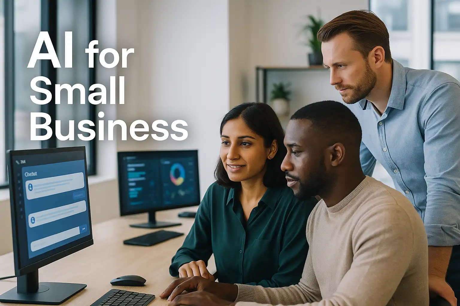 A modern office scene showing a diverse group of professionals collaborating with AI tools on their computers, symbolizing how businesses adapt to AI-driven workflows.