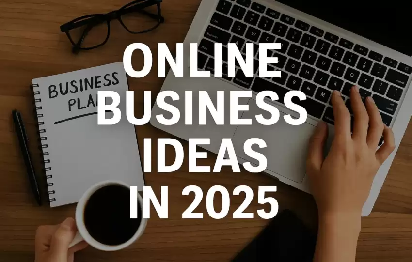 Digital collage of entrepreneurs with laptops and icons representing 20 online business ideas in 2025 for remote work, AI tools, and e-commerce.