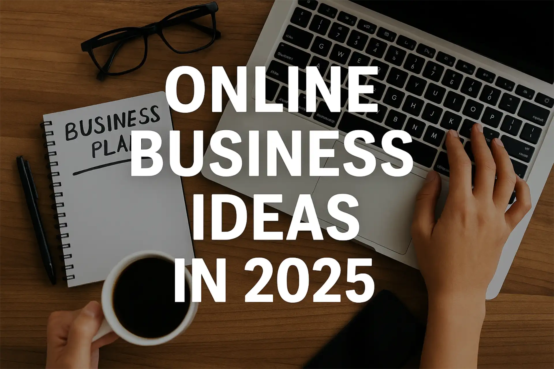 Digital collage of entrepreneurs with laptops and icons representing 20 online business ideas in 2025 for remote work, AI tools, and e-commerce.