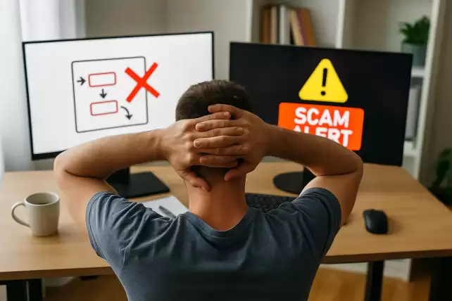 Young entrepreneur worried while reviewing online business models to avoid in 2025 on his laptop