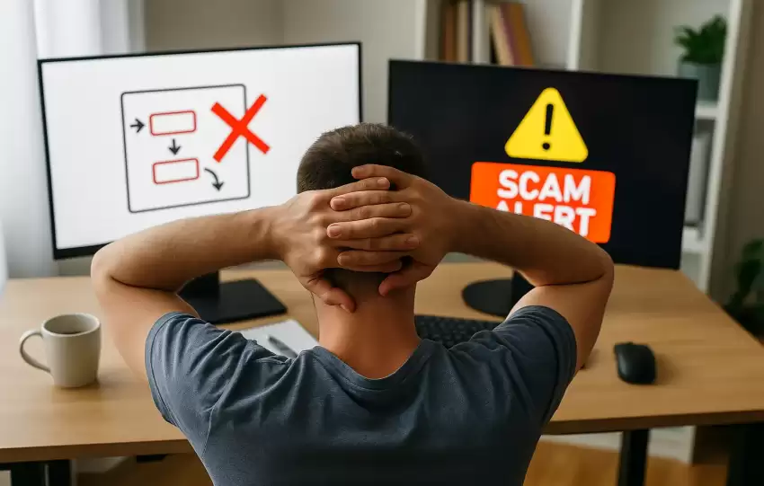 Young entrepreneur worried while reviewing online business models to avoid in 2025 on his laptop