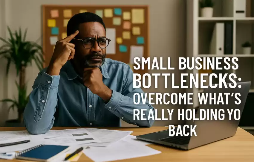 African entrepreneur in business attire sitting thoughtfully at a desk with a laptop, symbolizing overcoming small business bottlenecks.