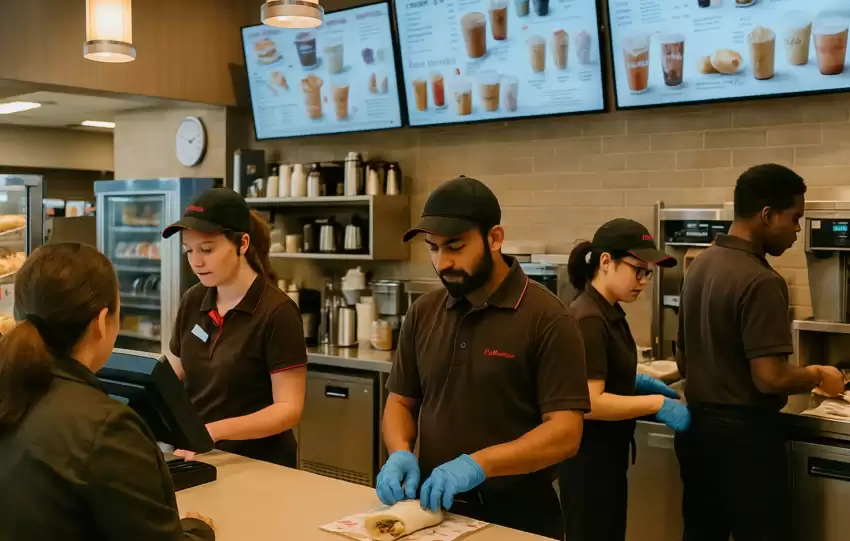 Team of employees working efficiently at Tim Hortons in Chestermere, Alberta—demonstrating the power of small business systems in real-world operations.