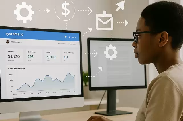 Entrepreneur using Systeme.io at modern desk with automation icons floating around, showcasing top automation tools for entrepreneurs in 2025.