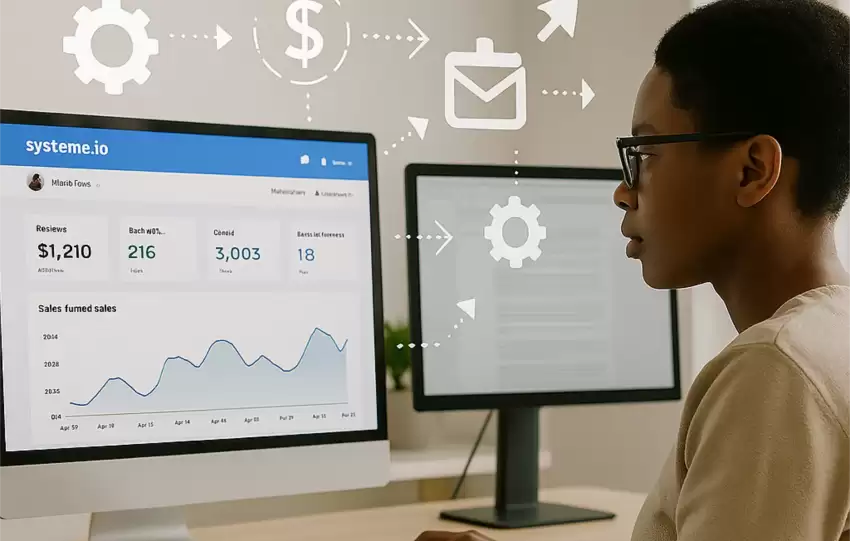 Entrepreneur using Systeme.io at modern desk with automation icons floating around, showcasing top automation tools for entrepreneurs in 2025.