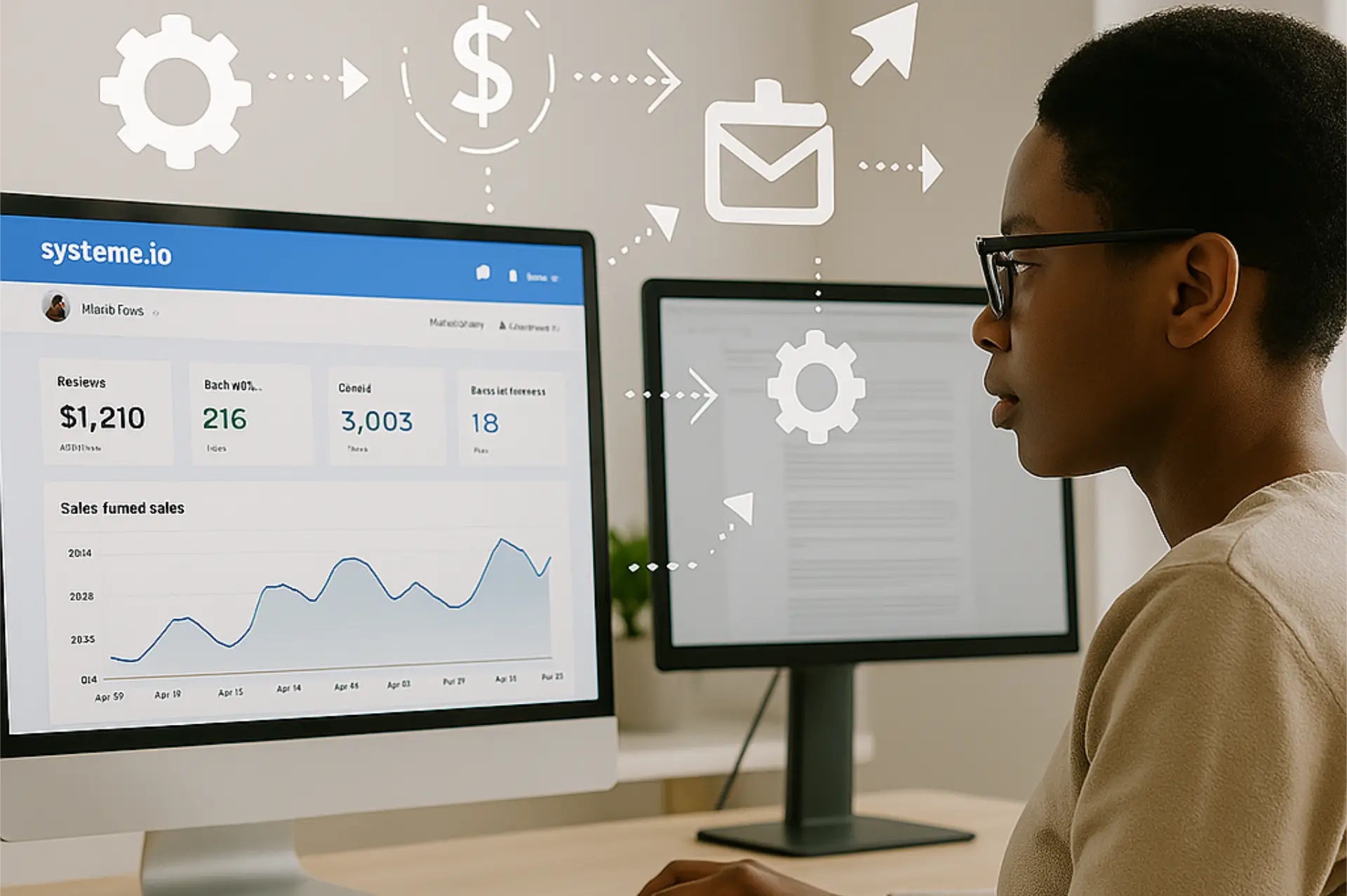 Entrepreneur using Systeme.io at modern desk with automation icons floating around, showcasing top automation tools for entrepreneurs in 2025.