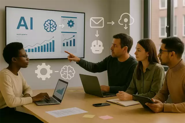 Small business team analyzing AI automation strategy on screen in a modern office setup.