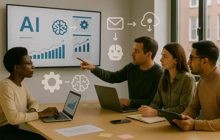 Small business team analyzing AI automation strategy on screen in a modern office setup.