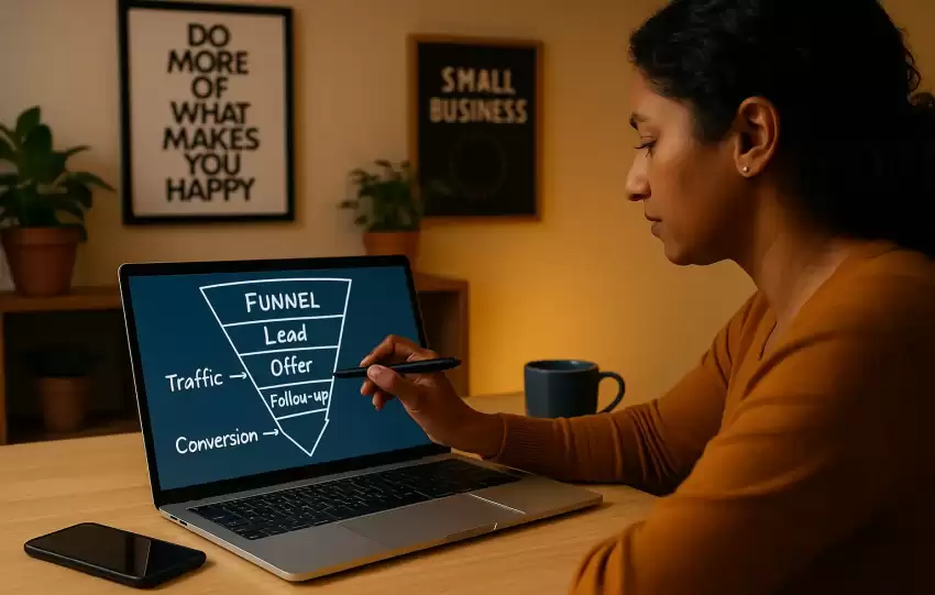 Woman setting up a digital sales funnel on her laptop with a notepad and coffee beside her, symbolizing small business marketing strategy.