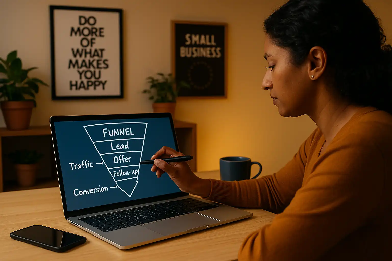Woman setting up a digital sales funnel on her laptop with a notepad and coffee beside her, symbolizing small business marketing strategy.