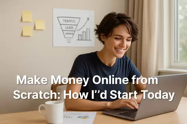 Young woman working from home on her laptop to make money online from scratch.