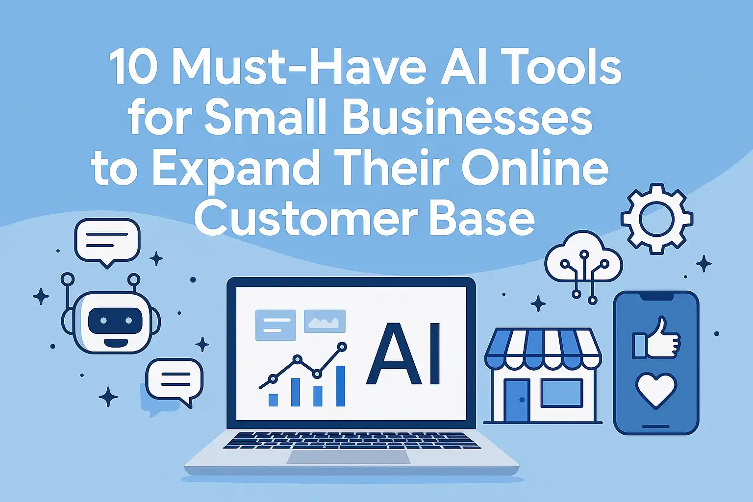 Digital graphic with the title “10 Must-Have AI Tools for Small Businesses to Expand Their Online Customer Base” featuring icons of AI tools, chatbots, and analytics for modern entrepreneurs.