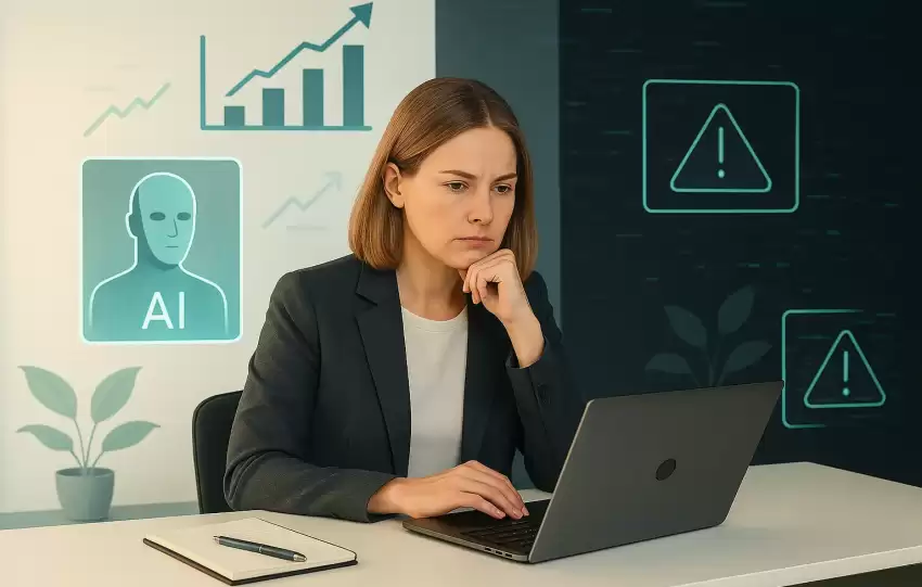 A small business owner at a modern desk using AI tools in 2025, with holographic visuals showing both benefits and dangers of artificial intelligence.