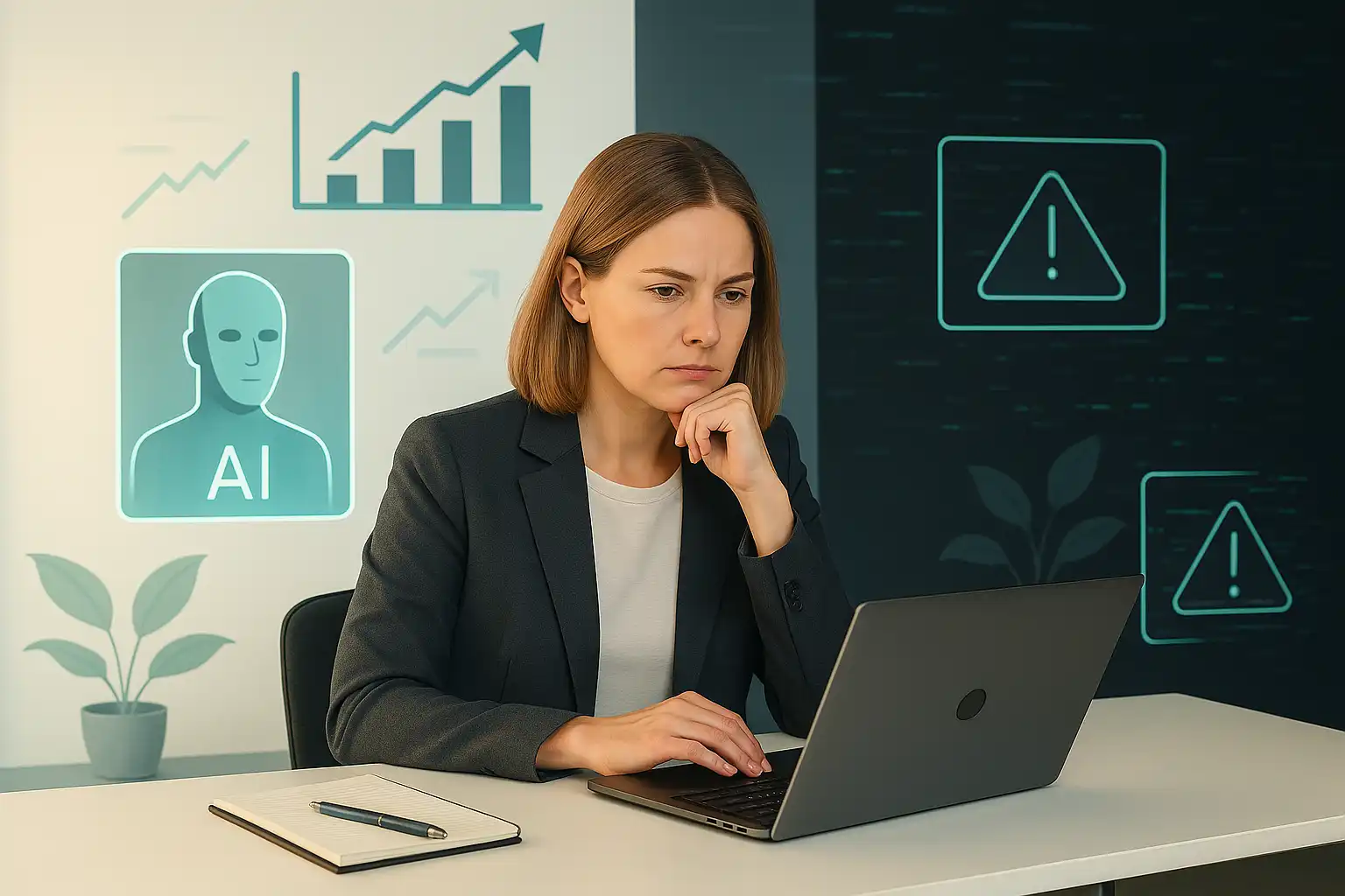 A small business owner at a modern desk using AI tools in 2025, with holographic visuals showing both benefits and dangers of artificial intelligence.