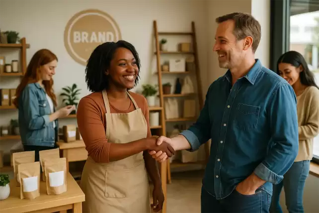 A cheerful small business owner talking with returning customers inside a cozy boutique, illustrating customer loyalty through brand experience.