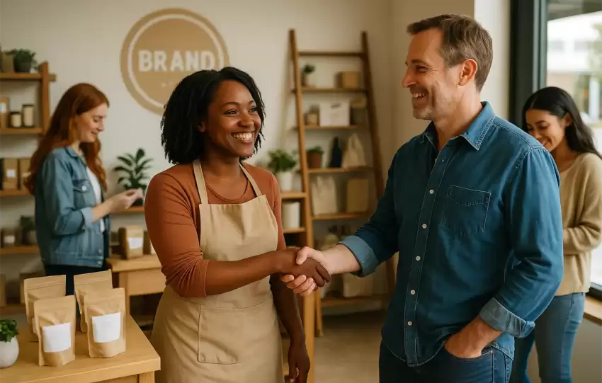 A cheerful small business owner talking with returning customers inside a cozy boutique, illustrating customer loyalty through brand experience.