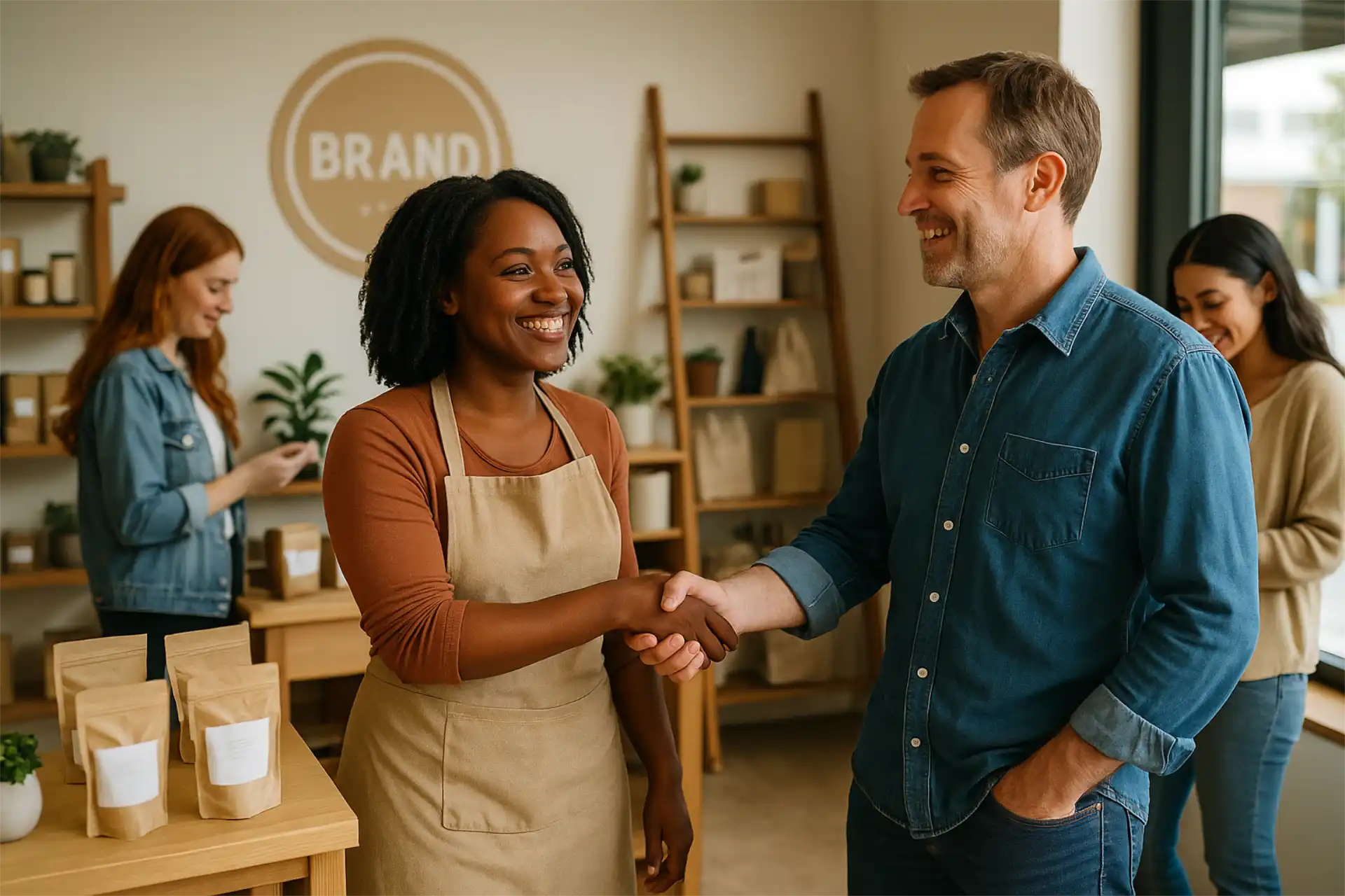 A cheerful small business owner talking with returning customers inside a cozy boutique, illustrating customer loyalty through brand experience.