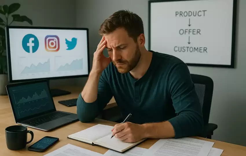 Small business owner frustrated with constant posting, surrounded by digital noise, with a clear business model in the background