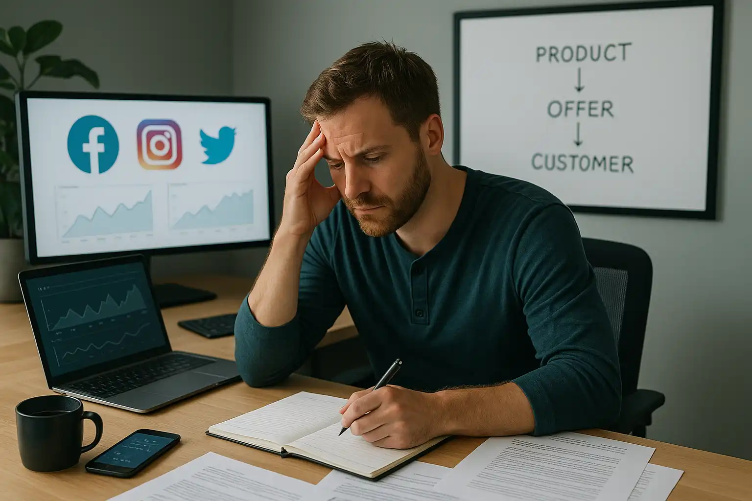 Small business owner frustrated with constant posting, surrounded by digital noise, with a clear business model in the background