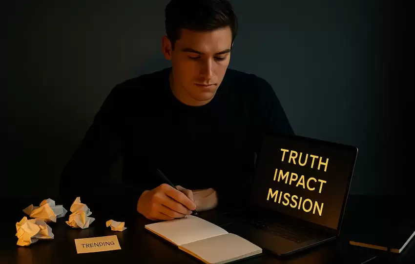 Content creator at desk choosing content with conviction over trends