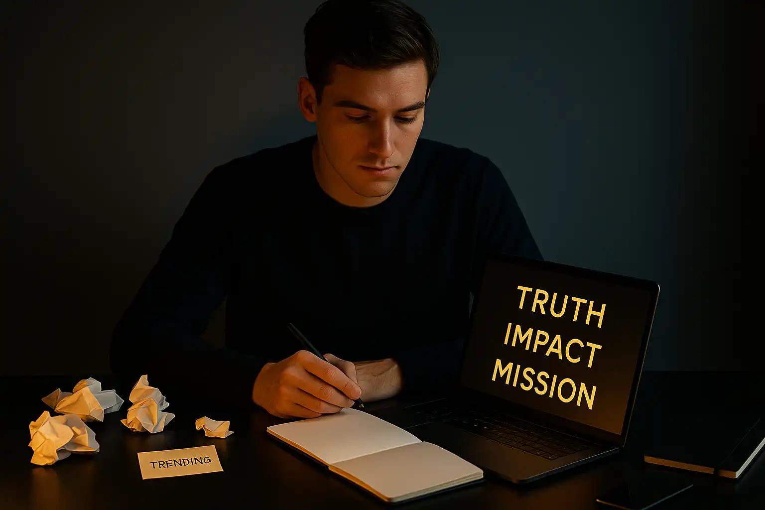 Content creator at desk choosing content with conviction over trends
