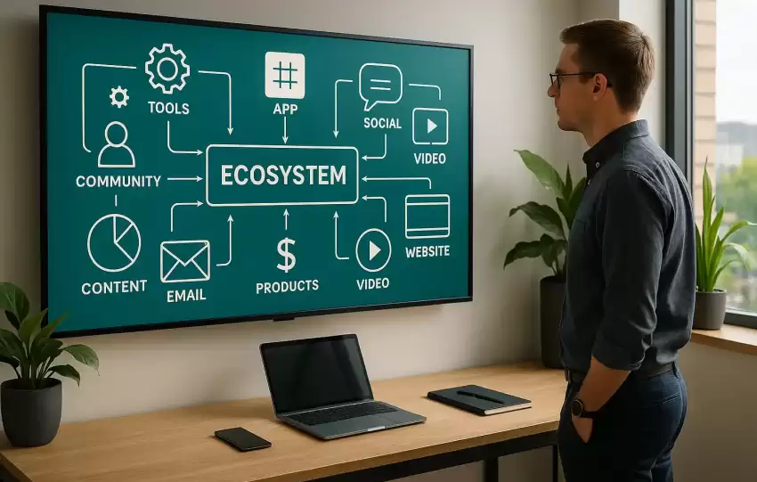 Entrepreneur building a future-proof business ecosystem using digital tools and a connected content strategy