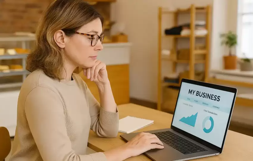 A small business owner updating their website at a café, focusing on trust and design improvements