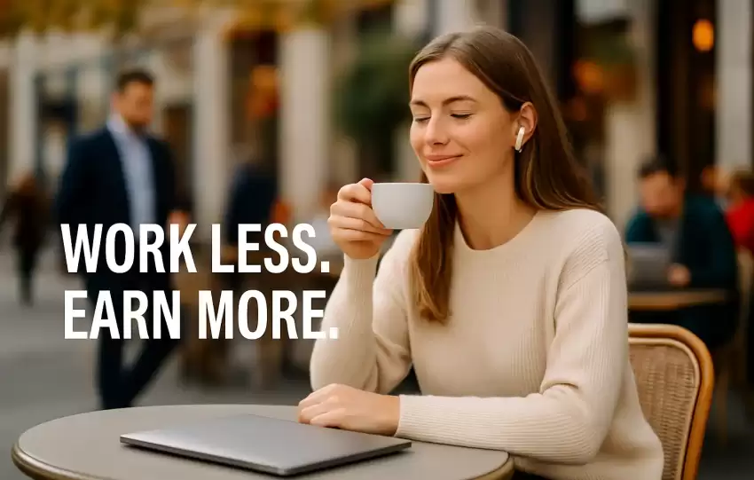A young entrepreneur relaxing with a laptop beside her, symbolizing the idea of making more money online by doing less