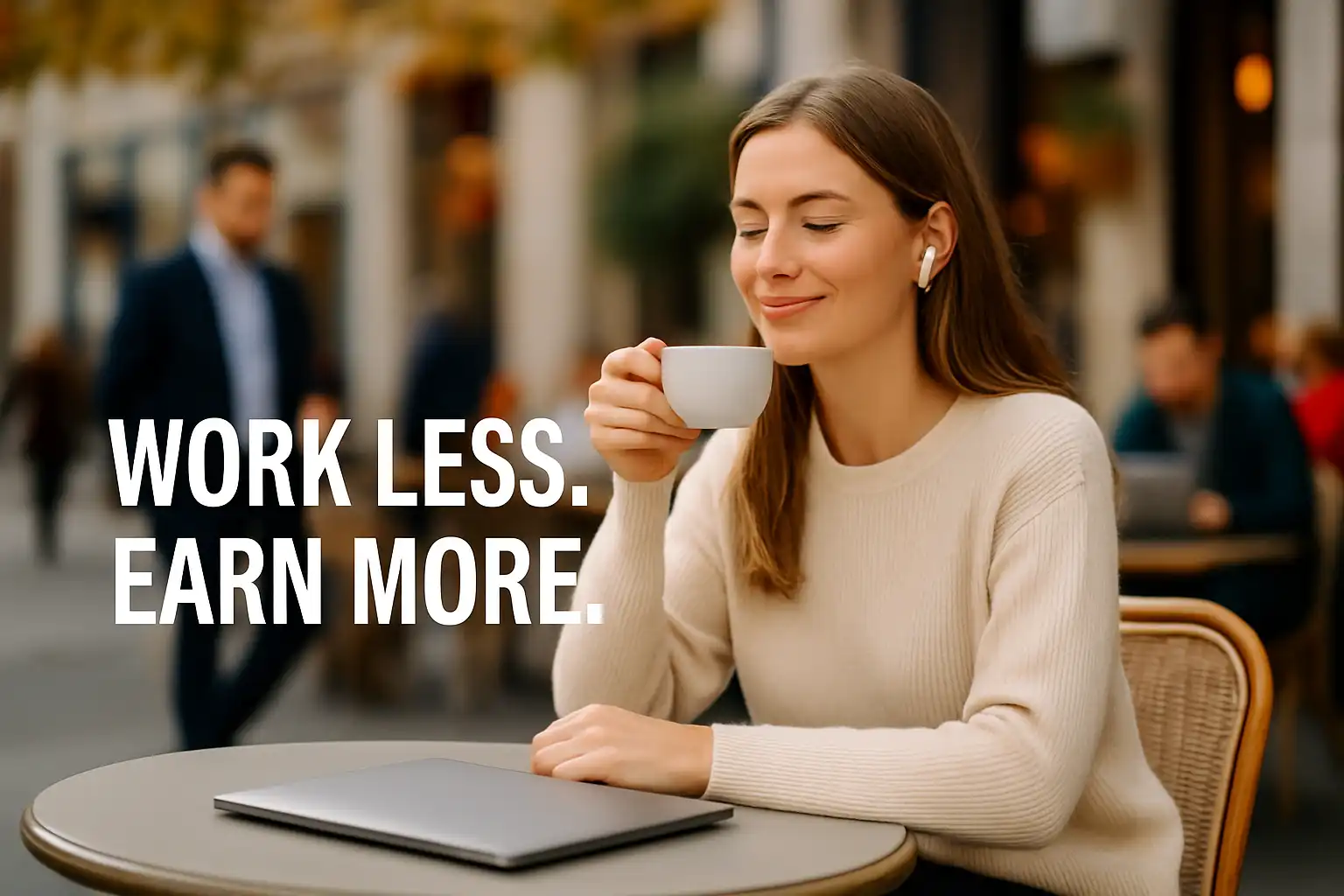 A young entrepreneur relaxing with a laptop beside her, symbolizing the idea of making more money online by doing less