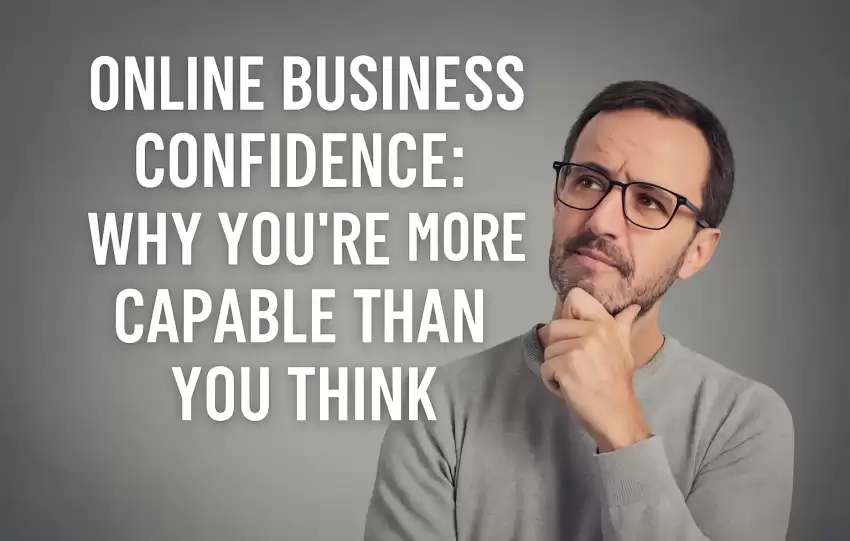 A confident middle-aged man smiling while seated at a home office desk with a laptop, symbolizing online business confidence and readiness to succeed.