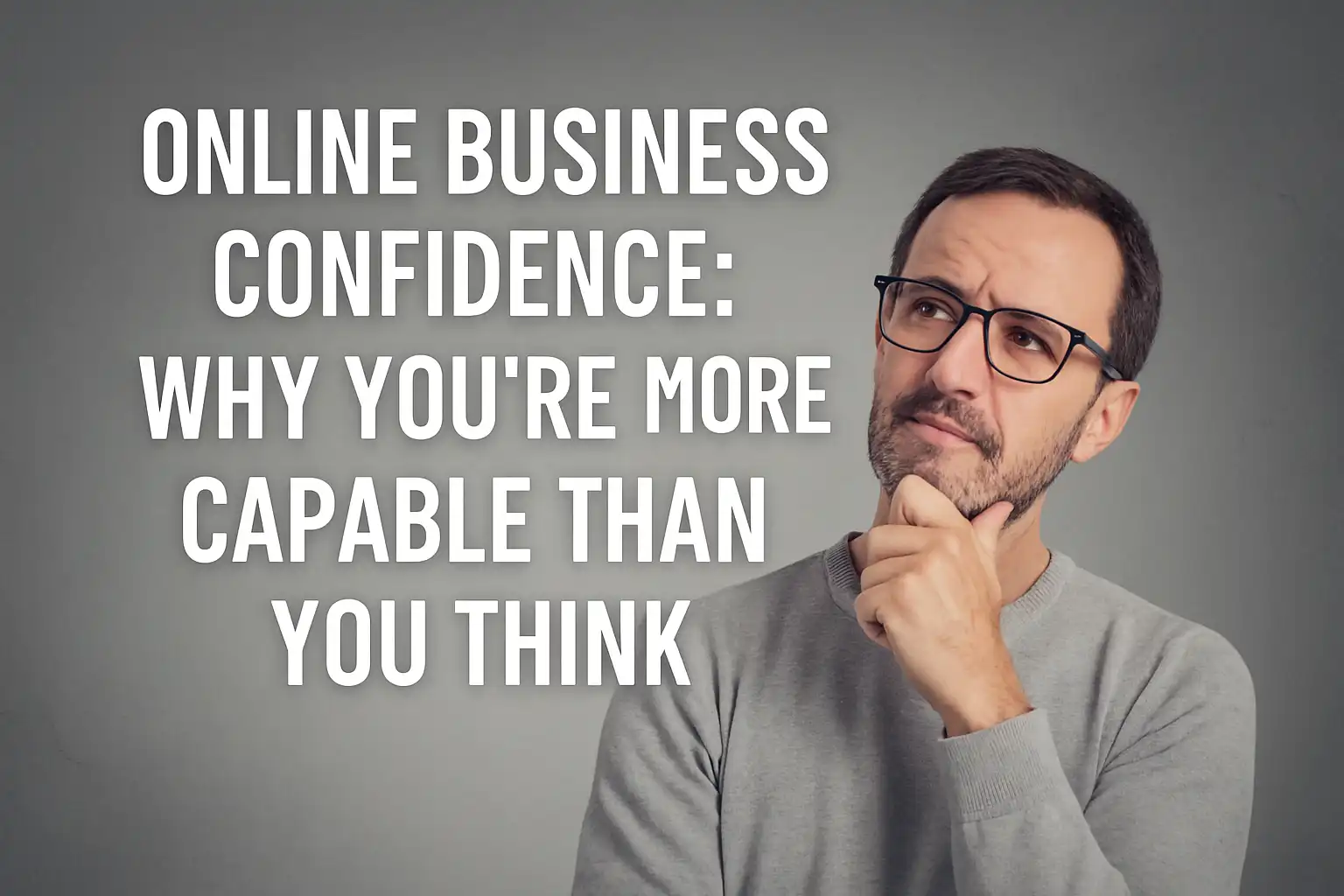 A confident middle-aged man smiling while seated at a home office desk with a laptop, symbolizing online business confidence and readiness to succeed.