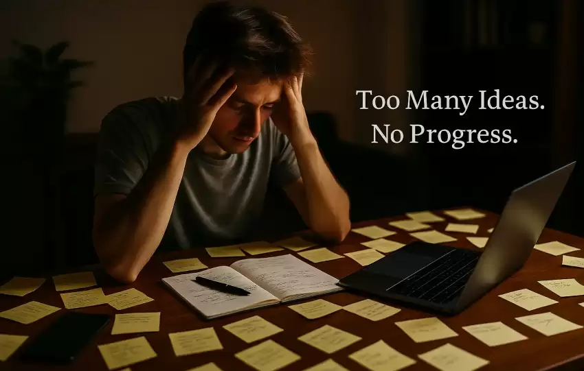 A young online entrepreneur sitting at a desk cluttered with notebooks and laptops, looking overwhelmed—representing the struggle with online business focus.