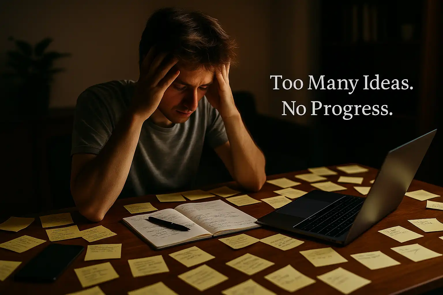 A young online entrepreneur sitting at a desk cluttered with notebooks and laptops, looking overwhelmed—representing the struggle with online business focus.