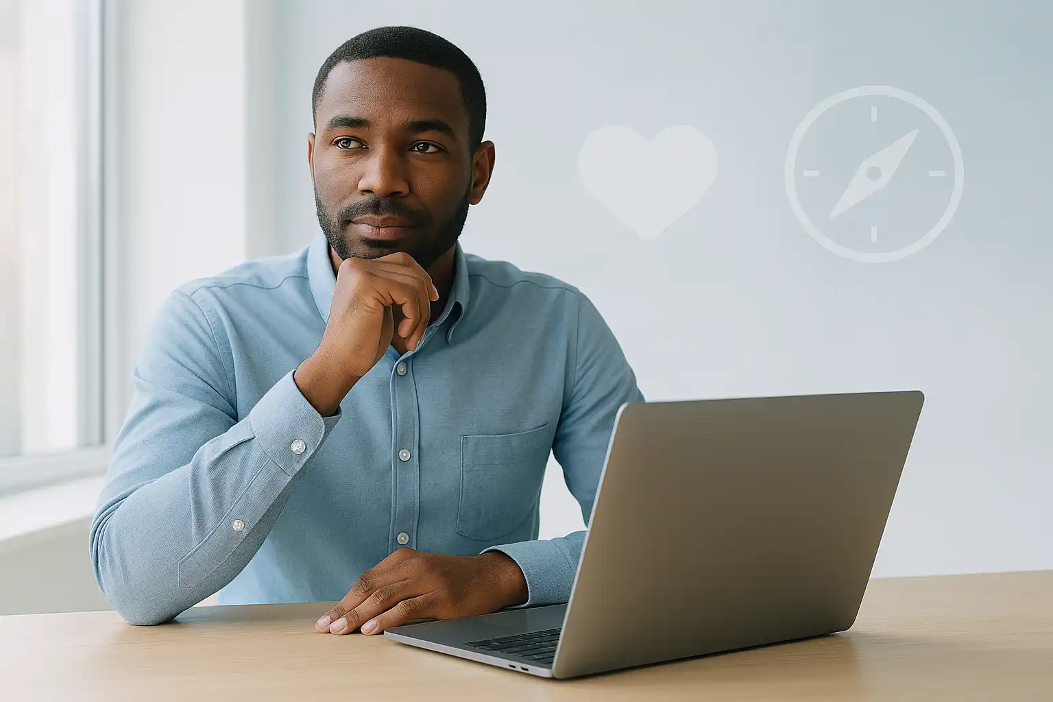 Entrepreneur sitting at desk with laptop and soft digital icons representing discernment, empathy, and timing — the 3 quiet skills vital for online success in 2025.