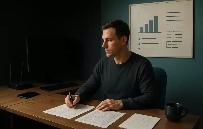 Small business owner using offline systems to operate during an internet blackout, showing resilient online business strategies.