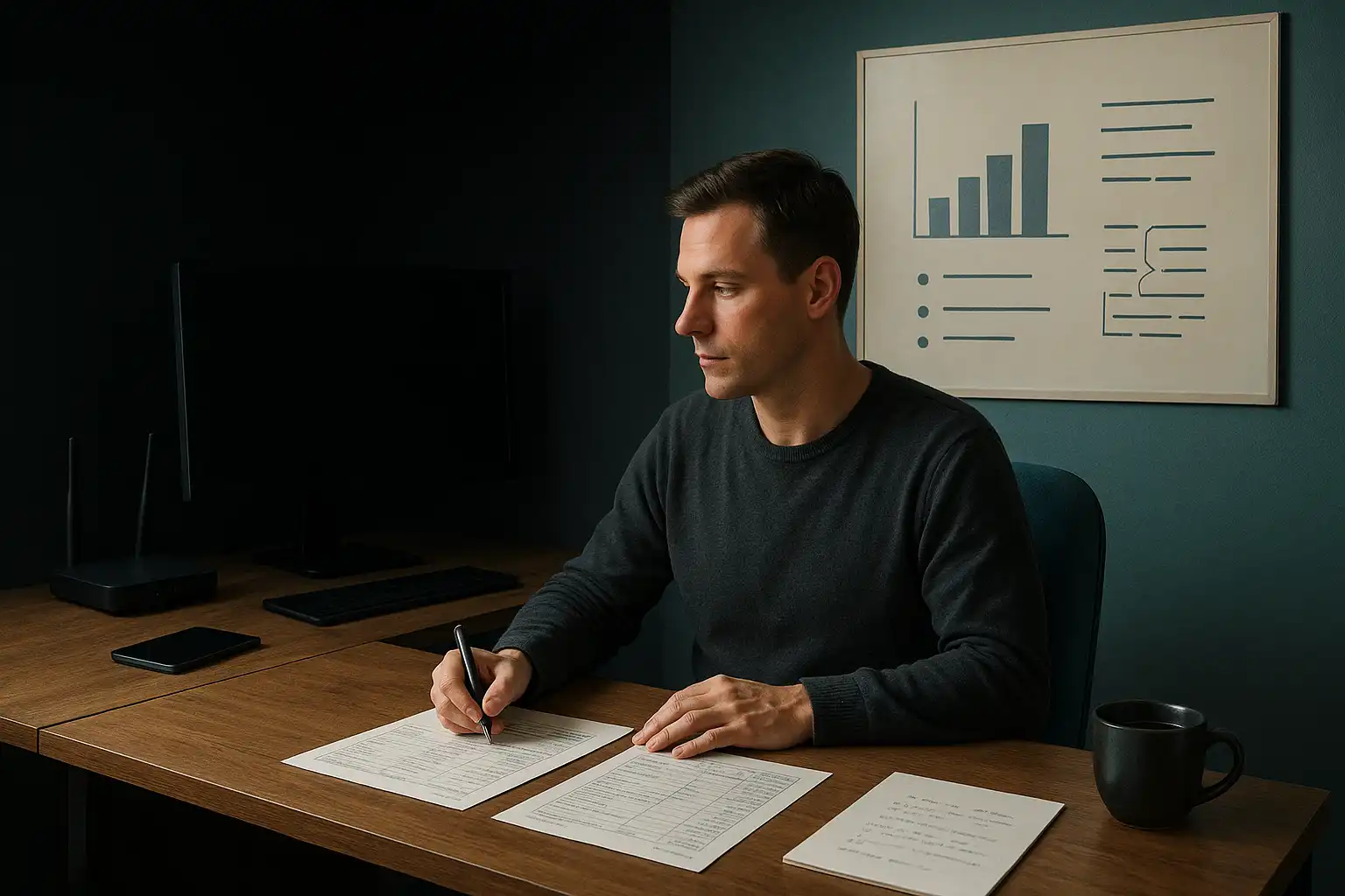 Small business owner using offline systems to operate during an internet blackout, showing resilient online business strategies.