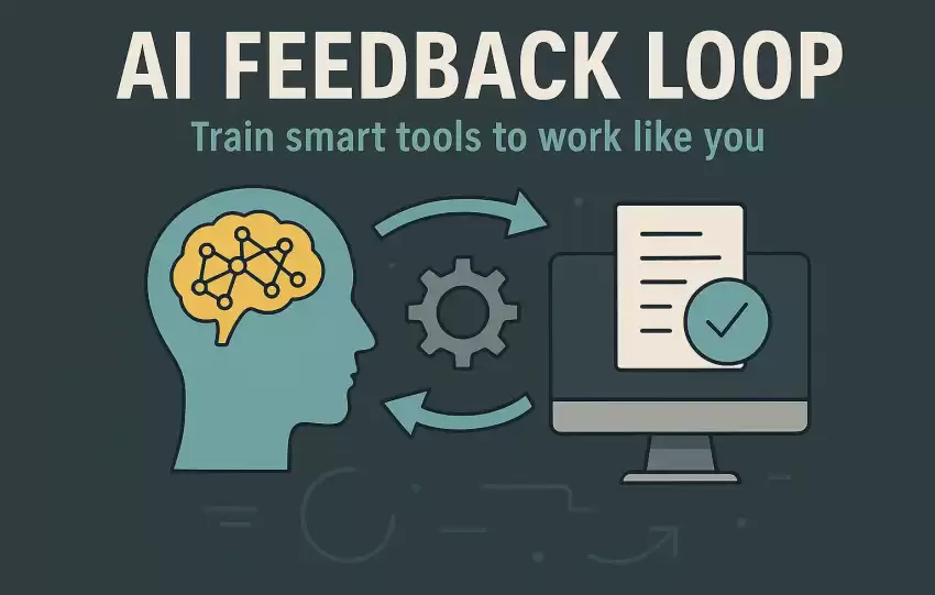 Flat-style digital illustration titled “AI Feedback Loop,” showing smart tools adapting to user input for automation and personalization.