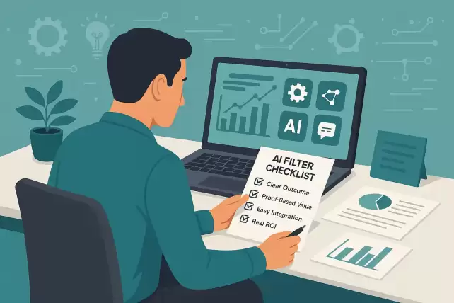 Entrepreneur using the AI filter checklist to select the best AI tools for business growth in 2025