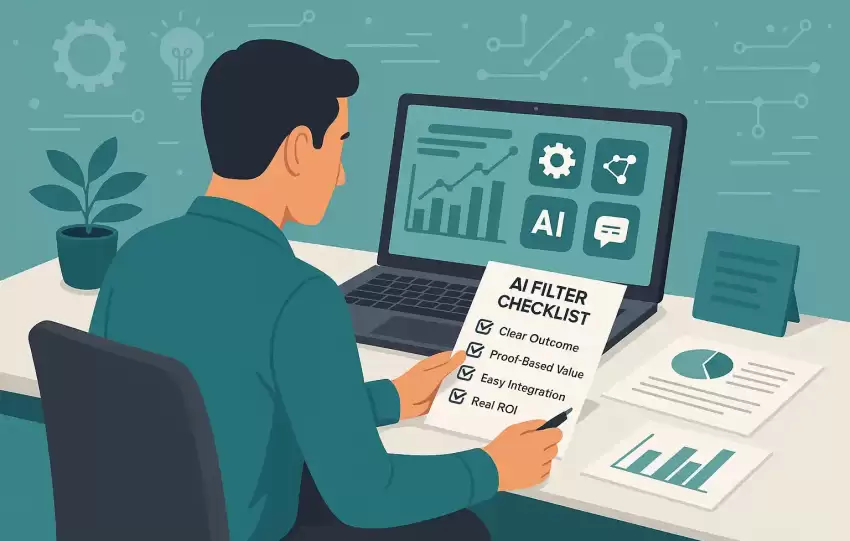 Entrepreneur using the AI filter checklist to select the best AI tools for business growth in 2025