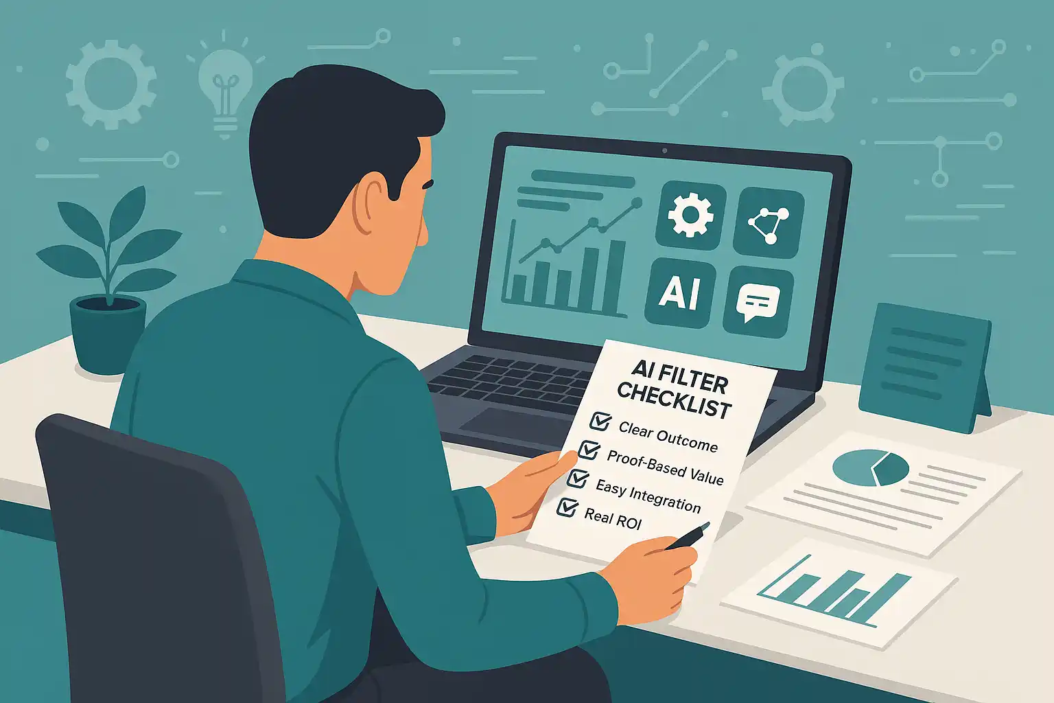 Entrepreneur using the AI filter checklist to select the best AI tools for business growth in 2025