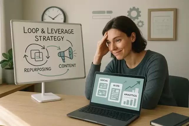 Realistic photo of a focused entrepreneur reviewing a printed content strategy sheet titled “Loop and Leverage Method” at a clean, modern desk setup with charts and tools on a laptop.