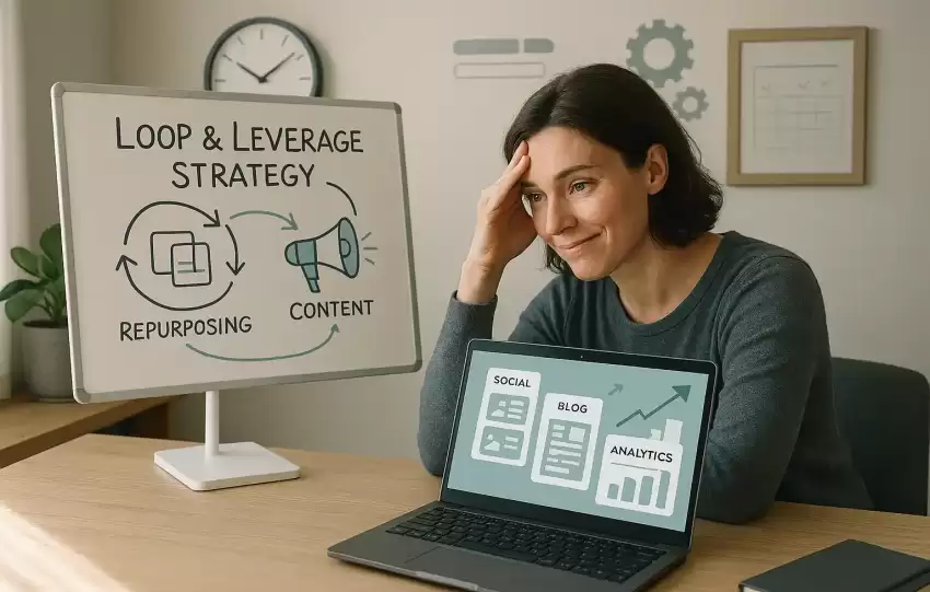 Realistic photo of a focused entrepreneur reviewing a printed content strategy sheet titled “Loop and Leverage Method” at a clean, modern desk setup with charts and tools on a laptop.