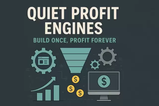 Illustration of quiet profit engines symbolizing long-term online income through automation and digital systems.