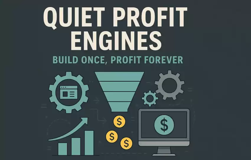Illustration of quiet profit engines symbolizing long-term online income through automation and digital systems.