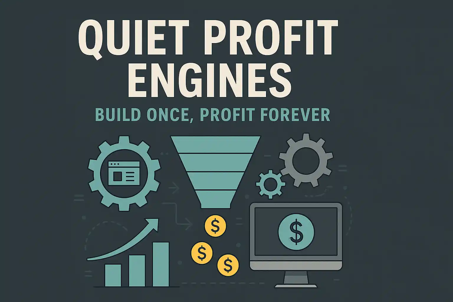 Illustration of quiet profit engines symbolizing long-term online income through automation and digital systems.